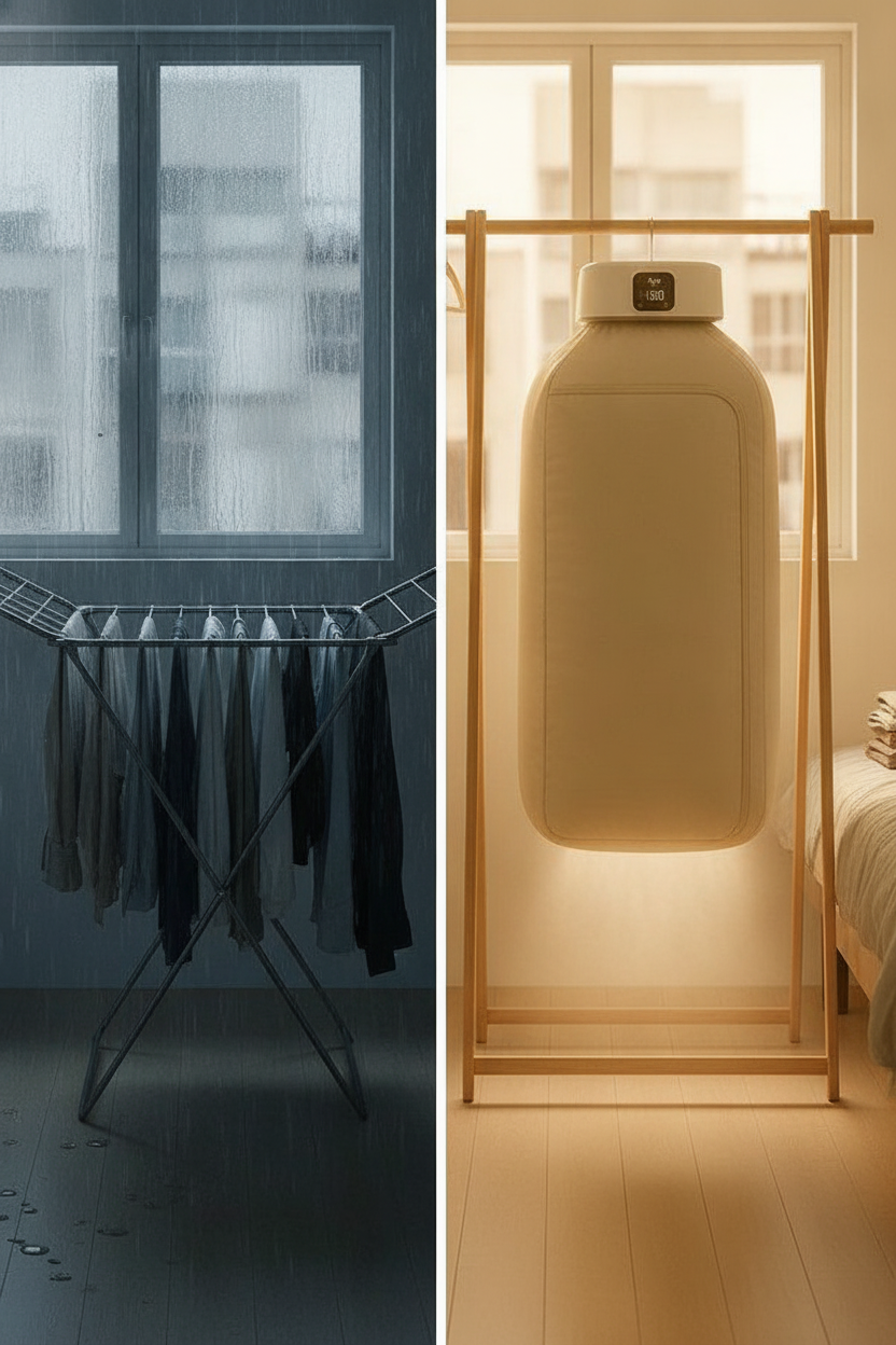 Antes y despues: ropa humeda en colgador vs AirSec funcionando
